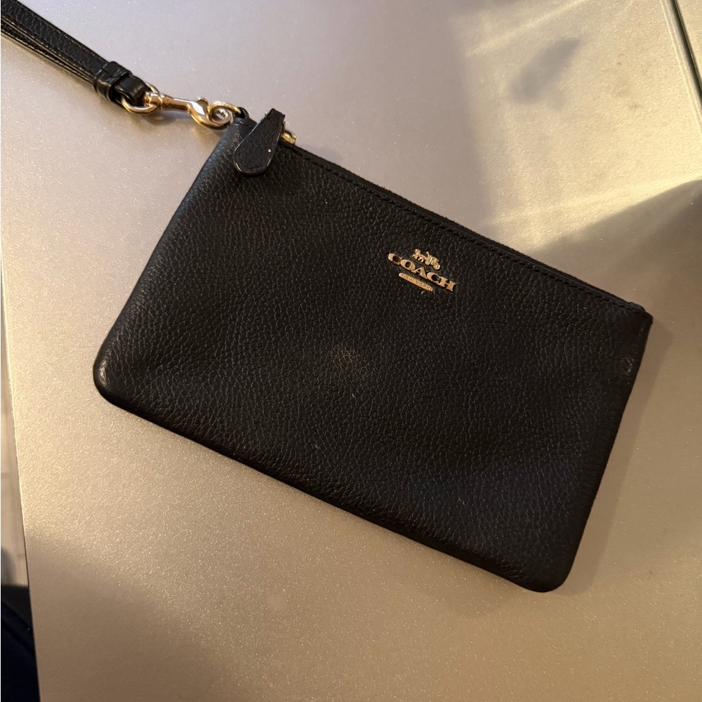 Coach Black Leather Wristlet with Gold Hardware
